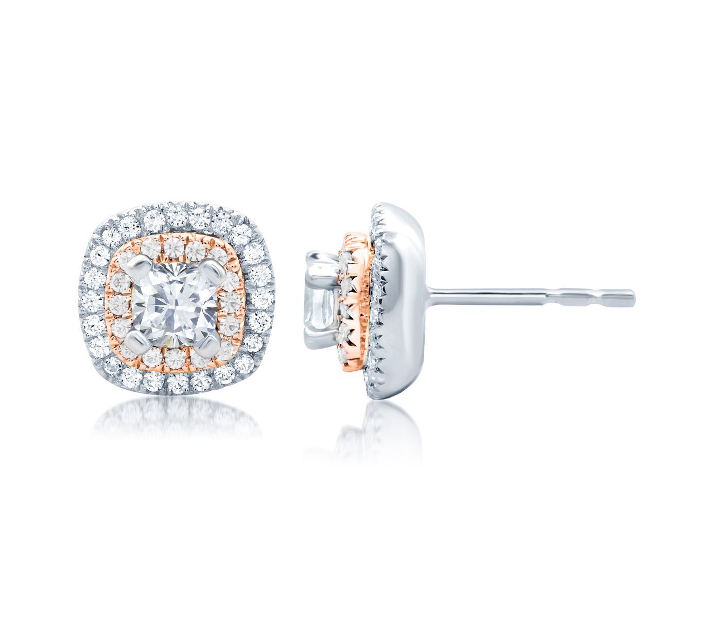 Double Halo Rose Gold Cushion Frame Diamond Earrings