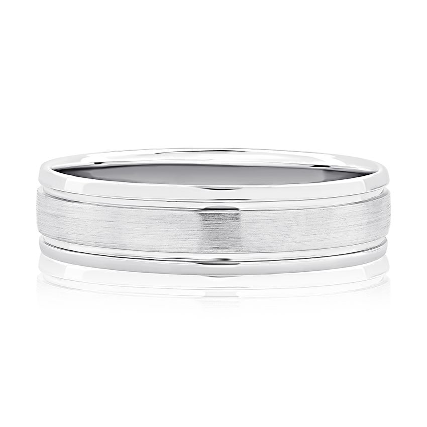 Modern Sandblast Step Edged Men's Wedding Band, photograph 2