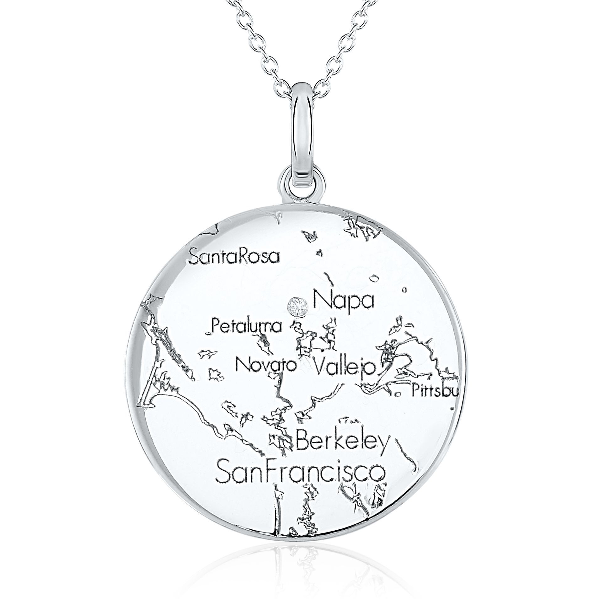14k White Gold Circle Map Pendant, photograph 2