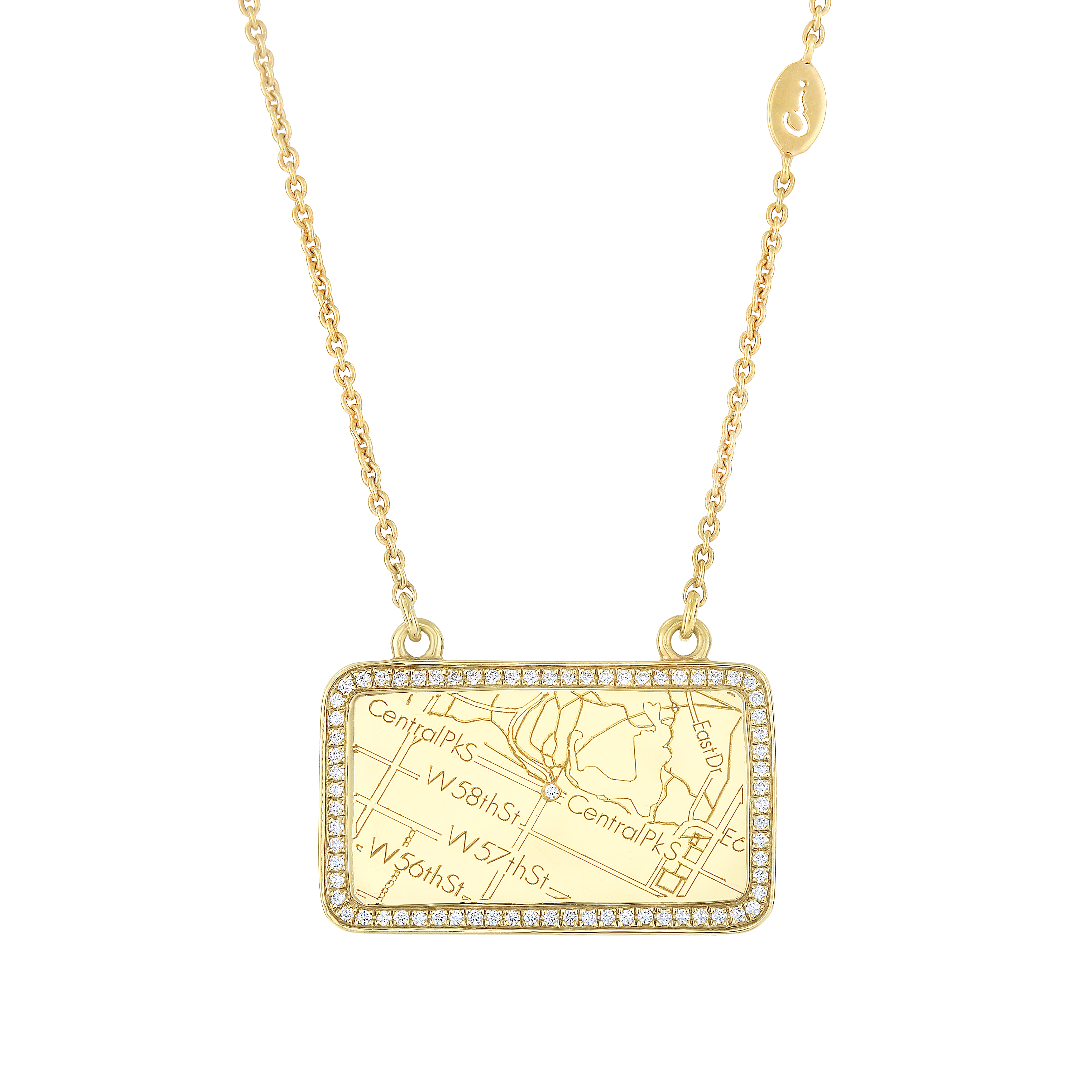 14k Yellow Gold Rectangle Map Necklace with Diamond Border