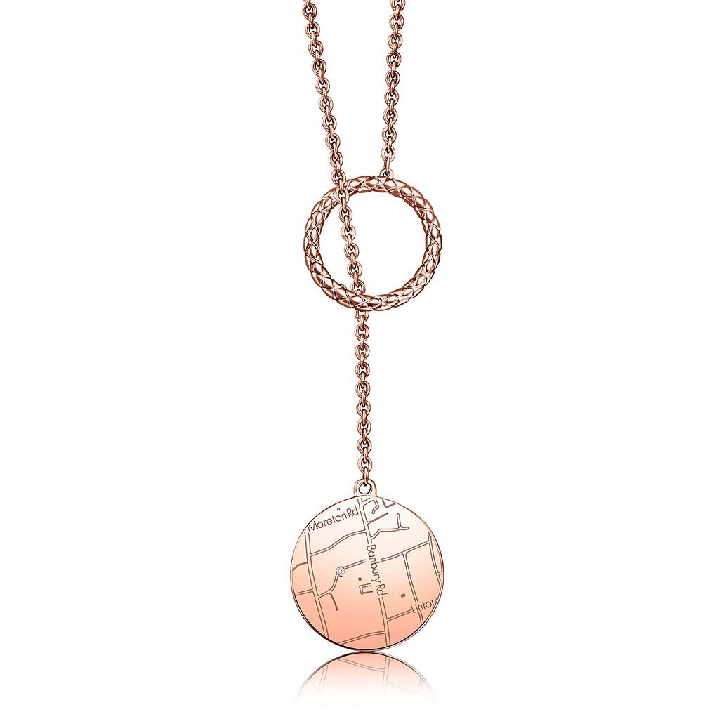 14k Rose Gold Circle Map Lariat, photograph 4