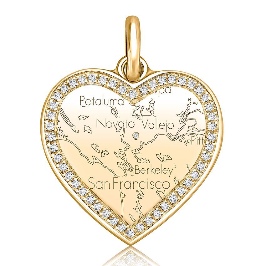 Yellow Gold Heart Map Pendant with Diamond Border