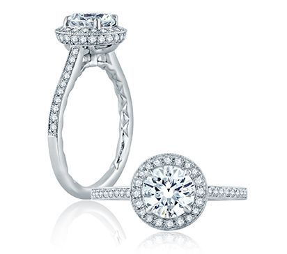 Modern Vintage Milgrain Accent Round Center Halo Engagement Ring, photograph 3
