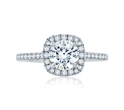 Intricate Milgrain Accent Gallery Detail Round Center with Cushion Shaped Halo Engagement Ring, photograph 2