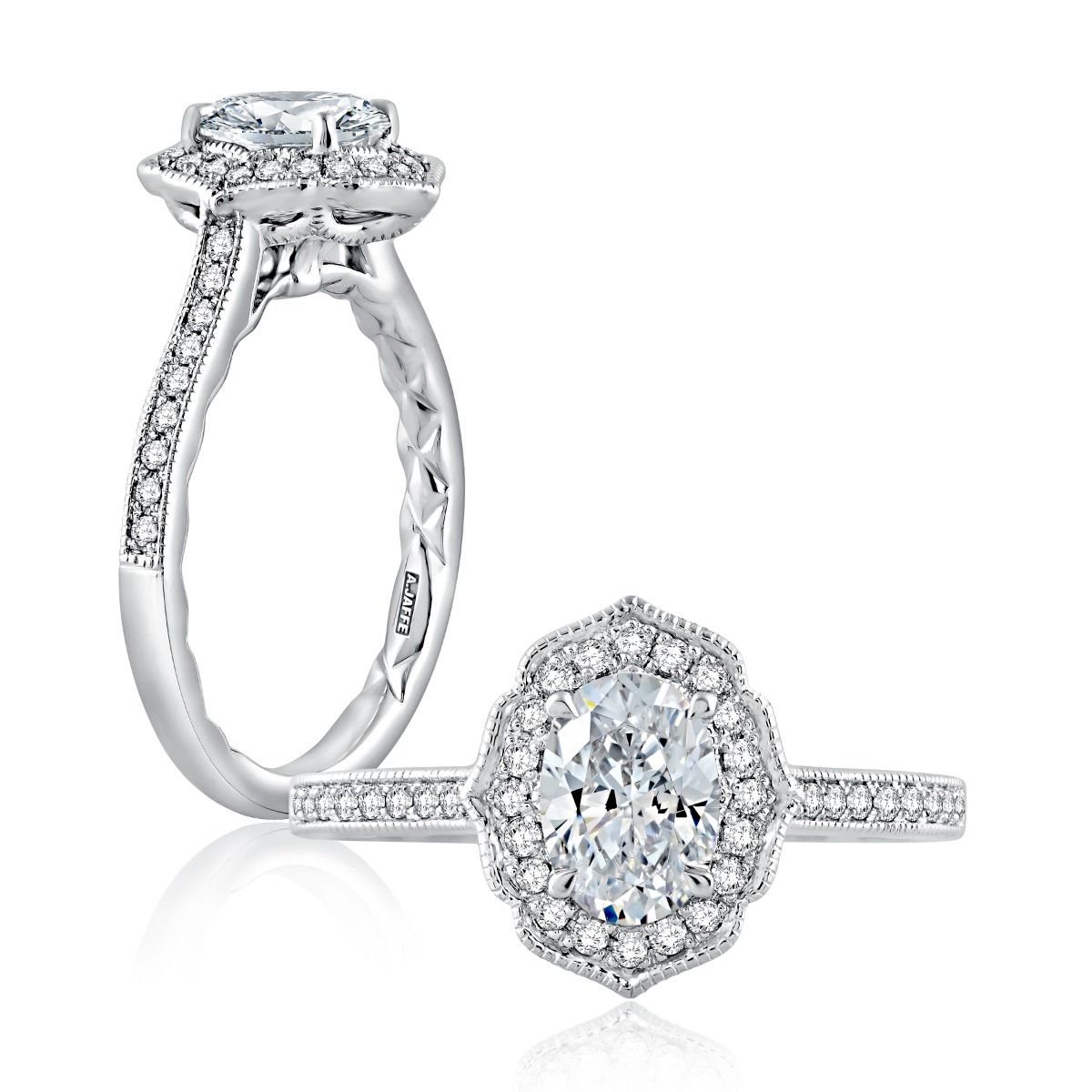 Floral Inspired Milgrain Detail Halo Oval Engagement Ring.