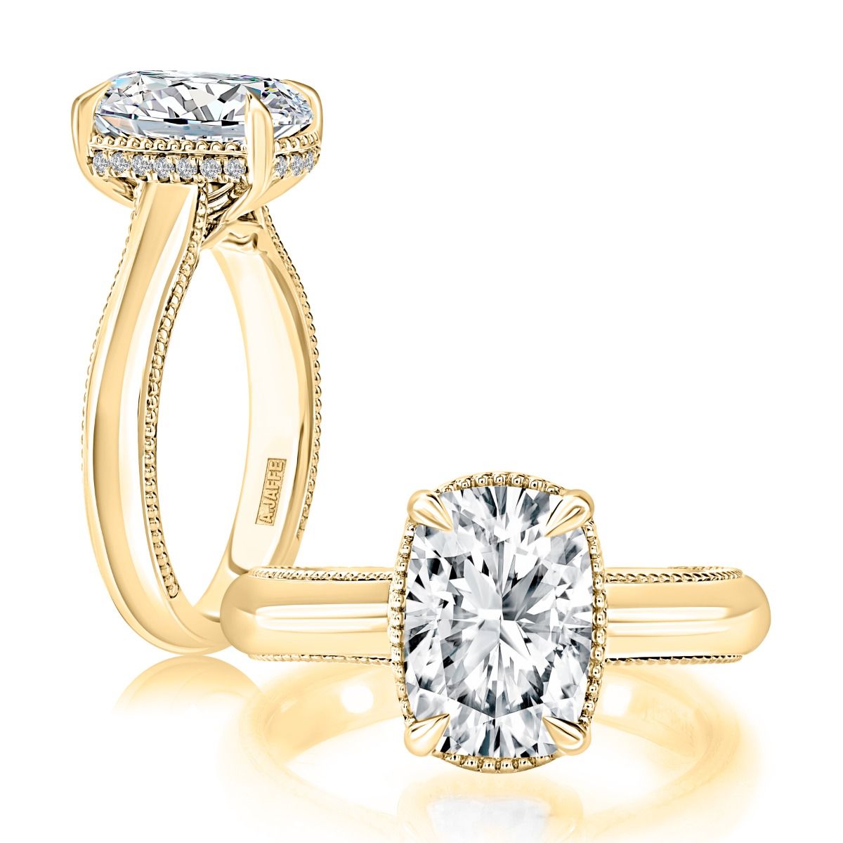 Elongated Cushion Cut Engagement Ring with Hidden Halo and Milgrain Detail