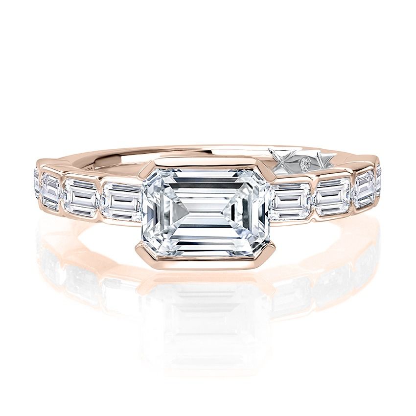 Modern Half Bezel East West Emerald Diamond Engagement Ring., photograph 8
