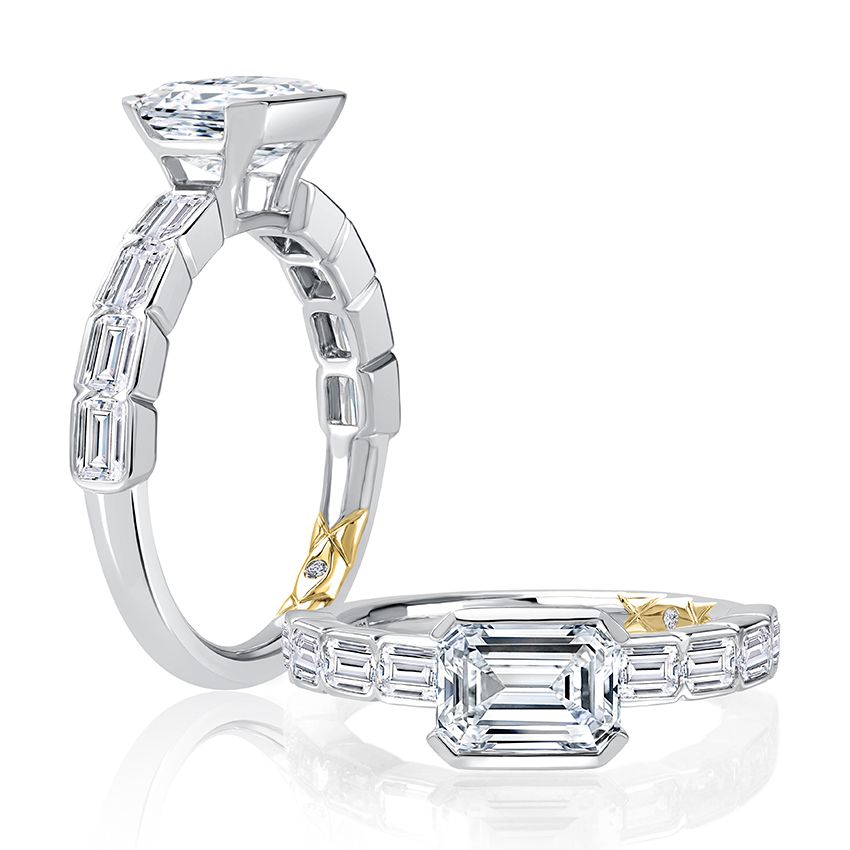 Modern Half Bezel East West Emerald Diamond Engagement Ring., photograph 2