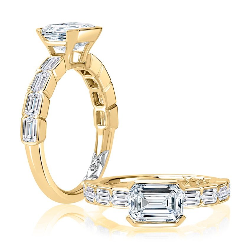 Modern Half Bezel East West Emerald Diamond Engagement Ring.