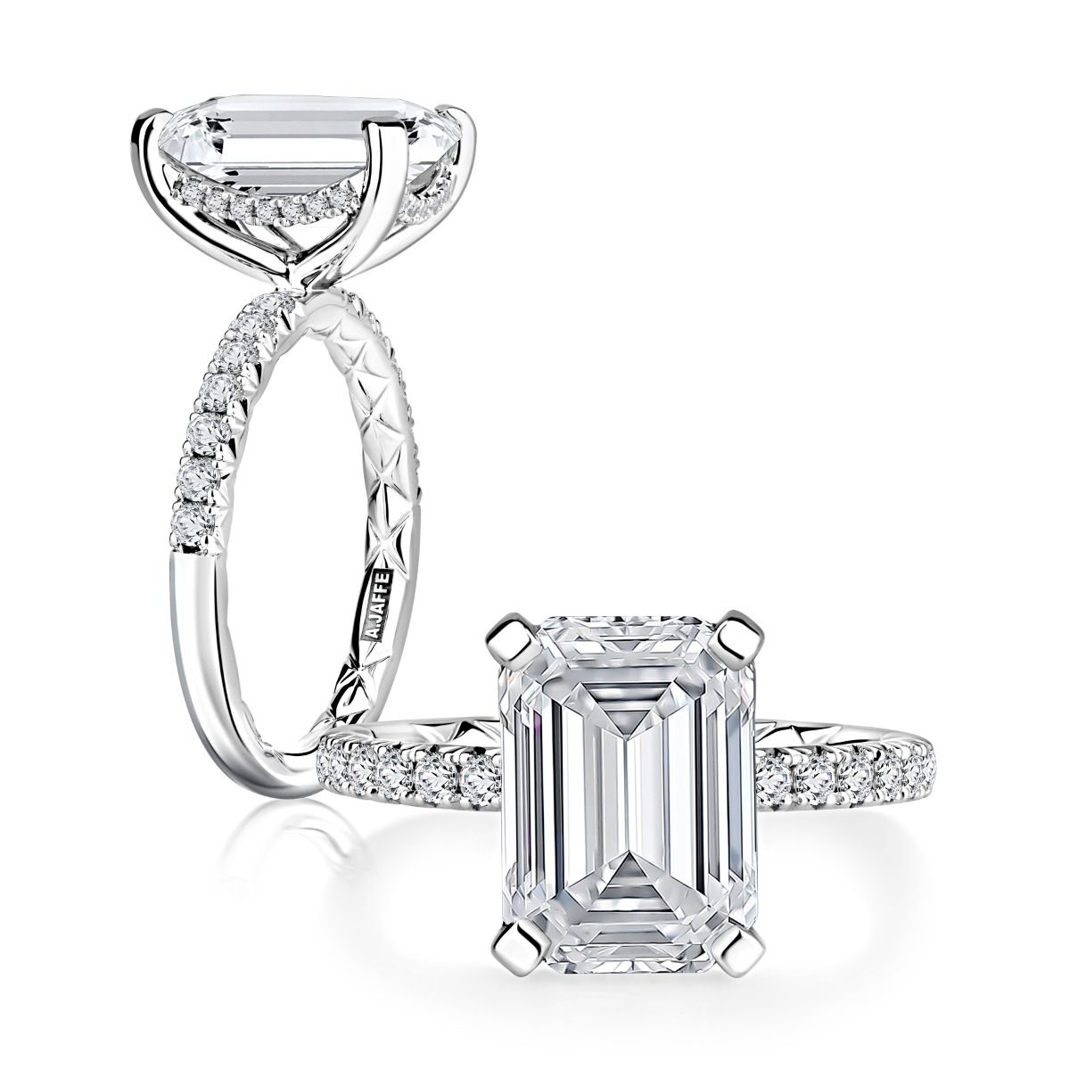 Emerald Diamond Engagement Ring with Pave Band and Quilts® Interior