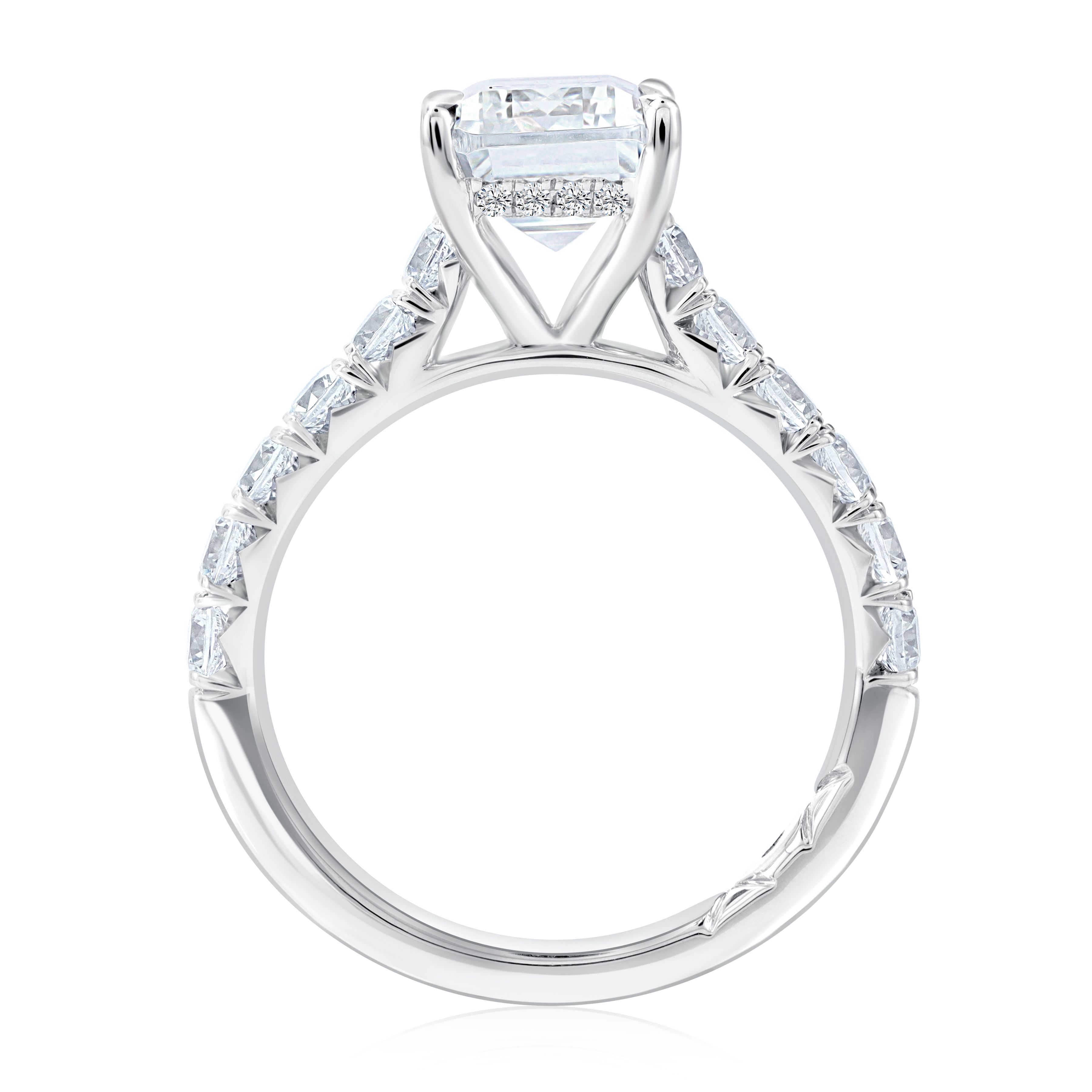 Four Prongs Emerald Center Diamond Enagagement Ring with Diamond Gallery Rail and Halfway Pave Band, photograph 2