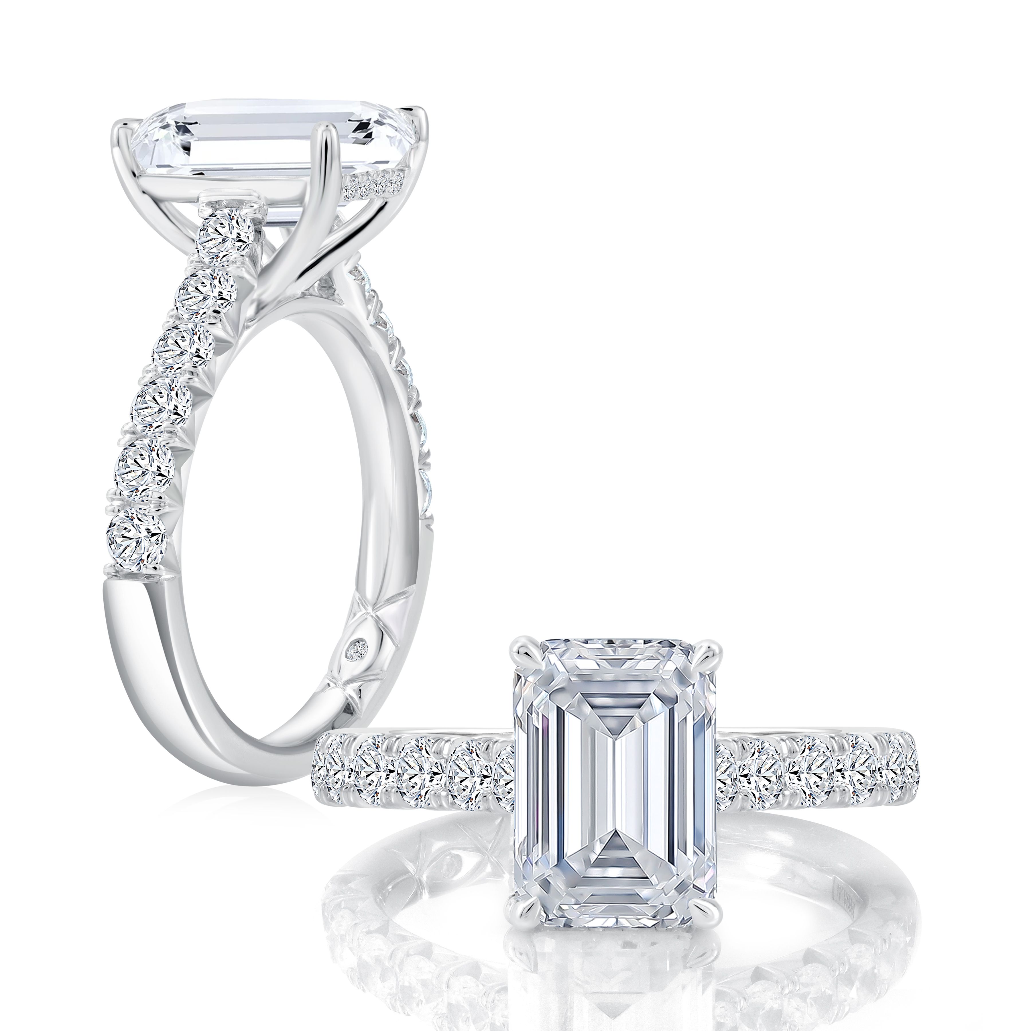 Four Prongs Emerald Center Diamond Enagagement Ring with Diamond Gallery Rail and Halfway Pave Band