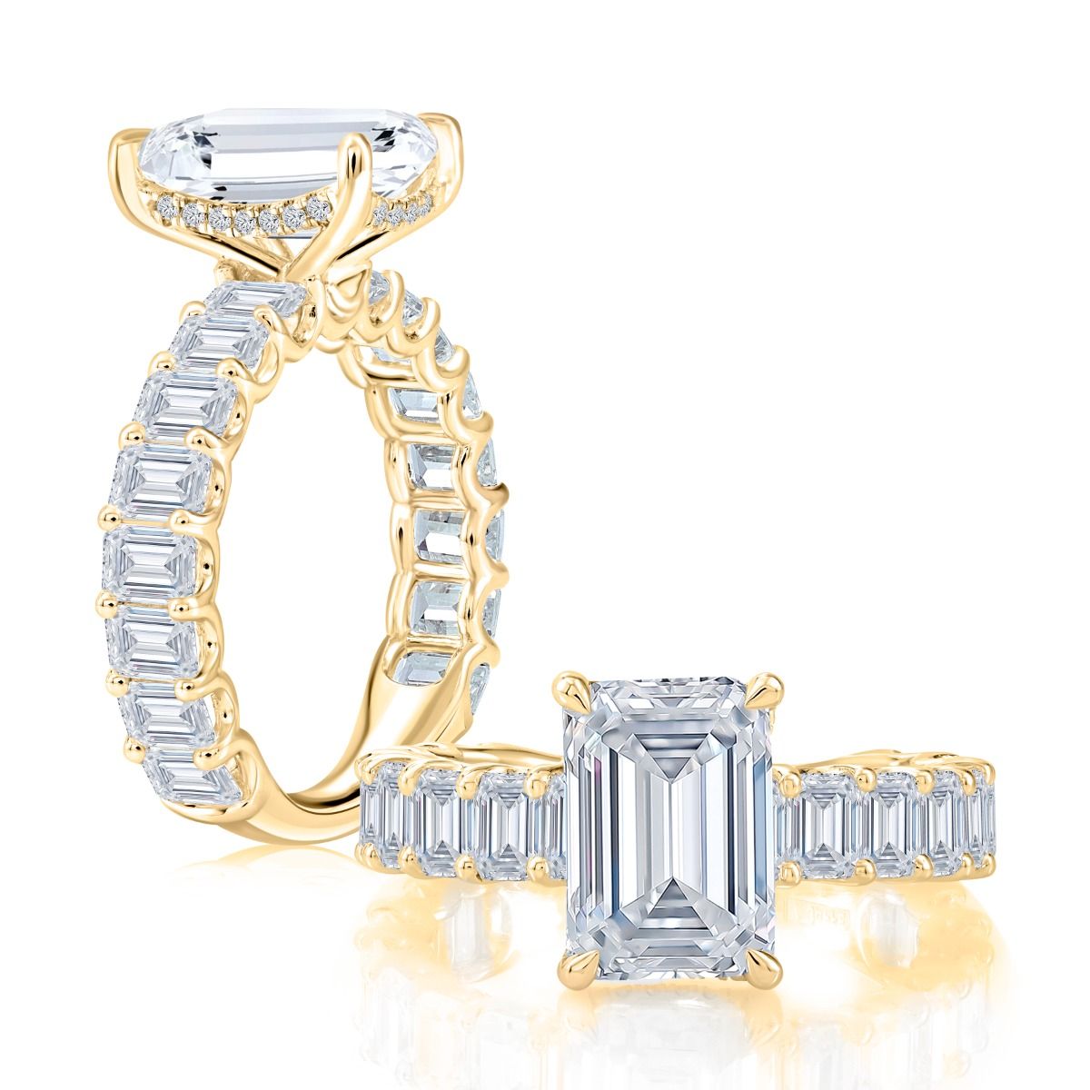 Hidden Halo Emerald Center Diamond Engagement Ring with Three Quarters Luminelle Diamond Band, photograph 4