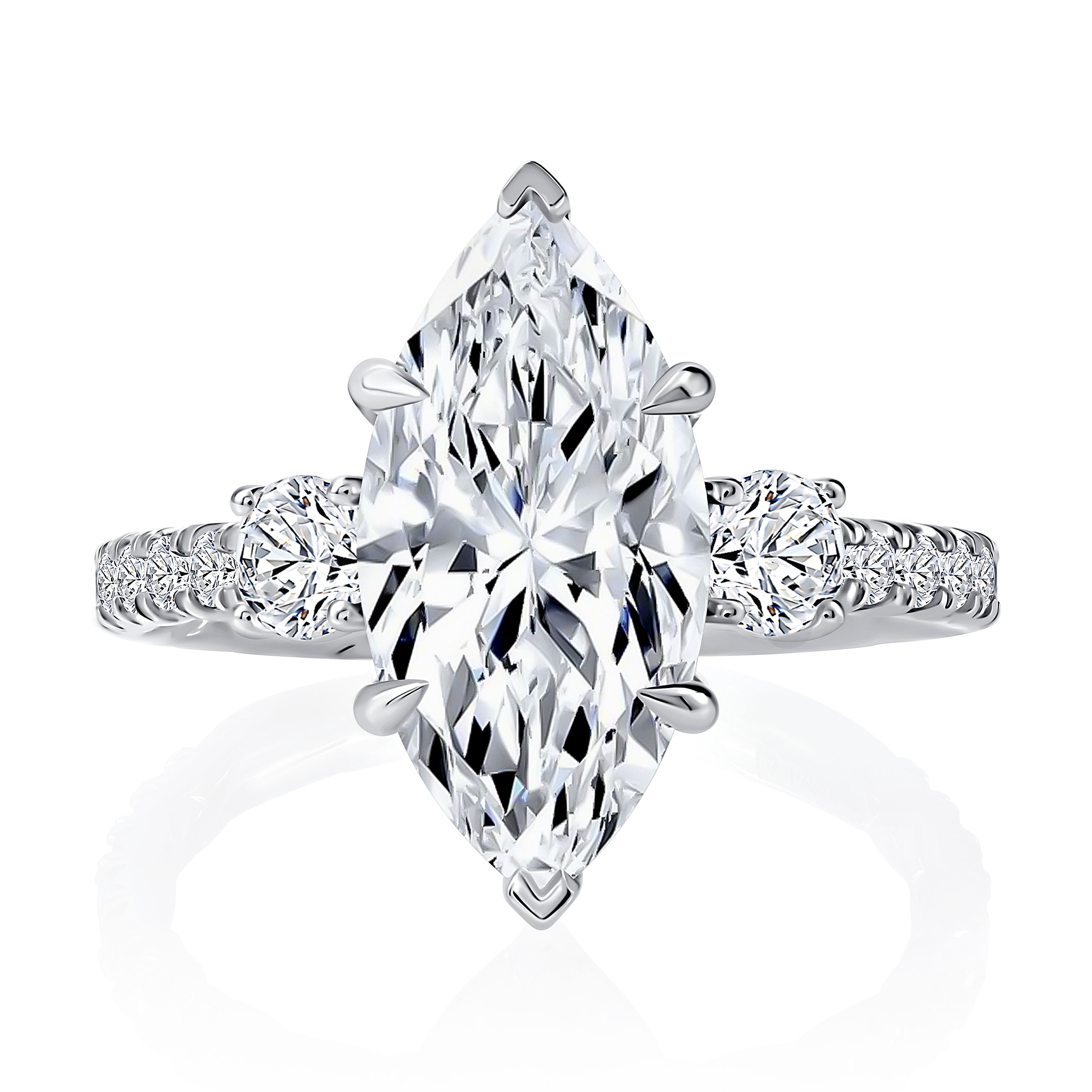 Three-Stone Marquise Diamond Engagement Ring with Pave Band and Quilts® Interior, photograph 5