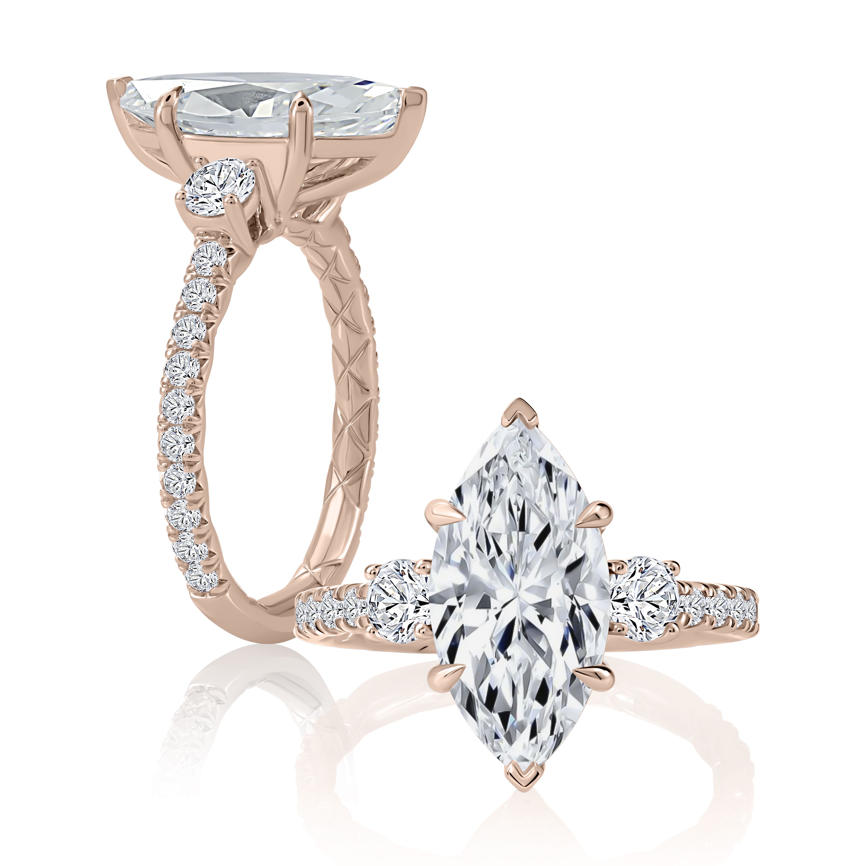 Three-Stone Marquise Diamond Engagement Ring with Pave Band and Quilts® Interior, photograph 6