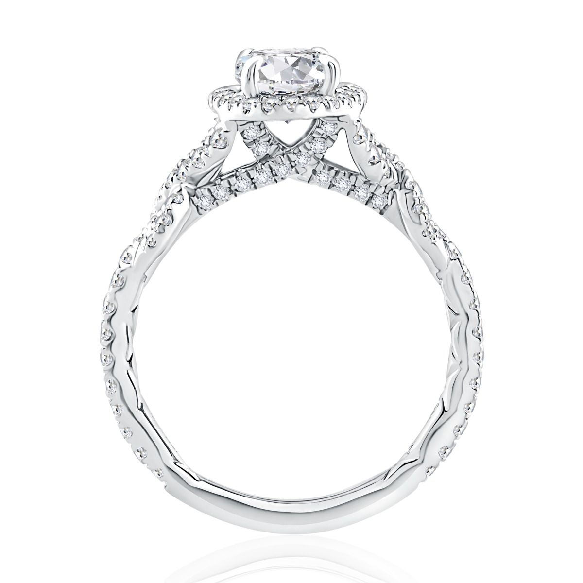 Oval diamond engagement ring with diamond halo and diamond wrap around band