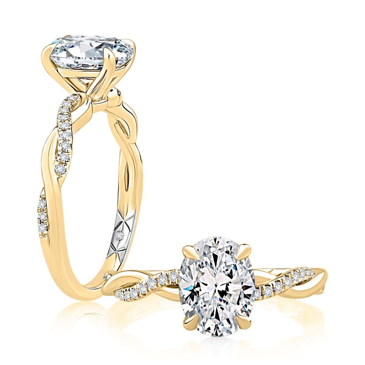 Alternating Plain Metal and Diamond Split Foundation Crossover Oval Cut Engagement Ring