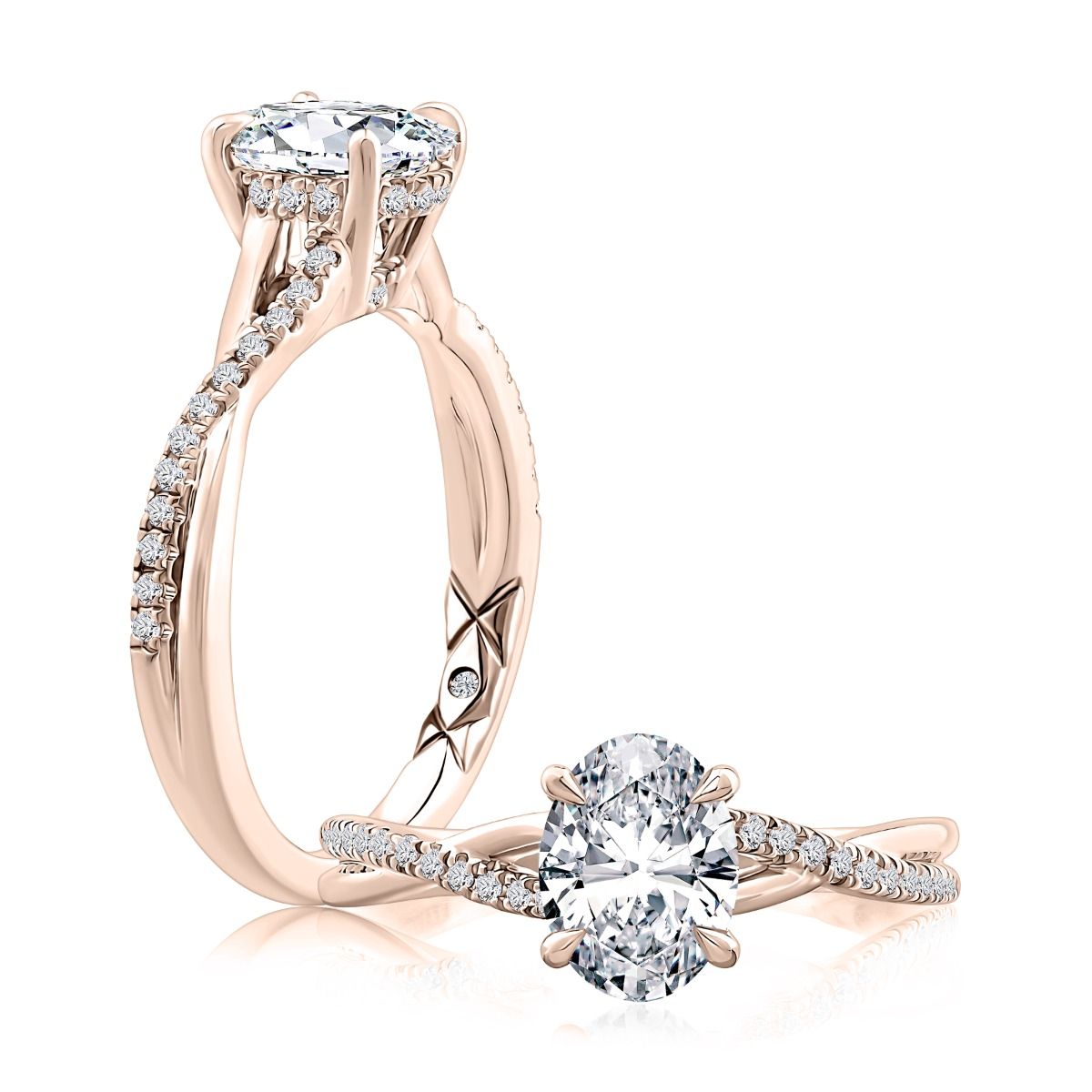 Alternating Plain Metal and Diamond Split Foundation Crossover Oval Cut Engagement Ring