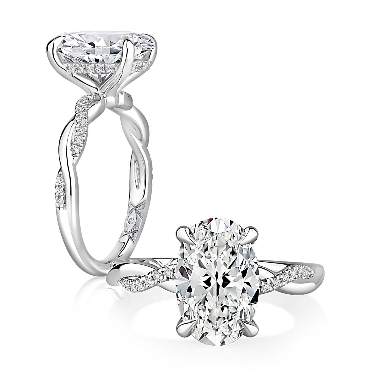 Diamond Studded Twisted Split Foundation Oval Diamond Engagment Ring