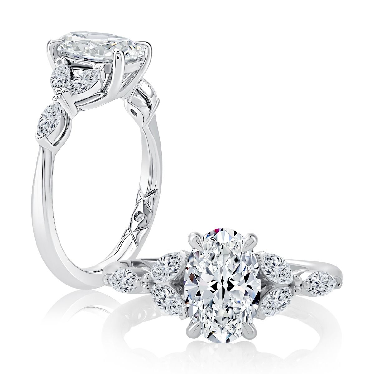 Floral Inspired Oval Engagement Ring with Marquise Side Stones