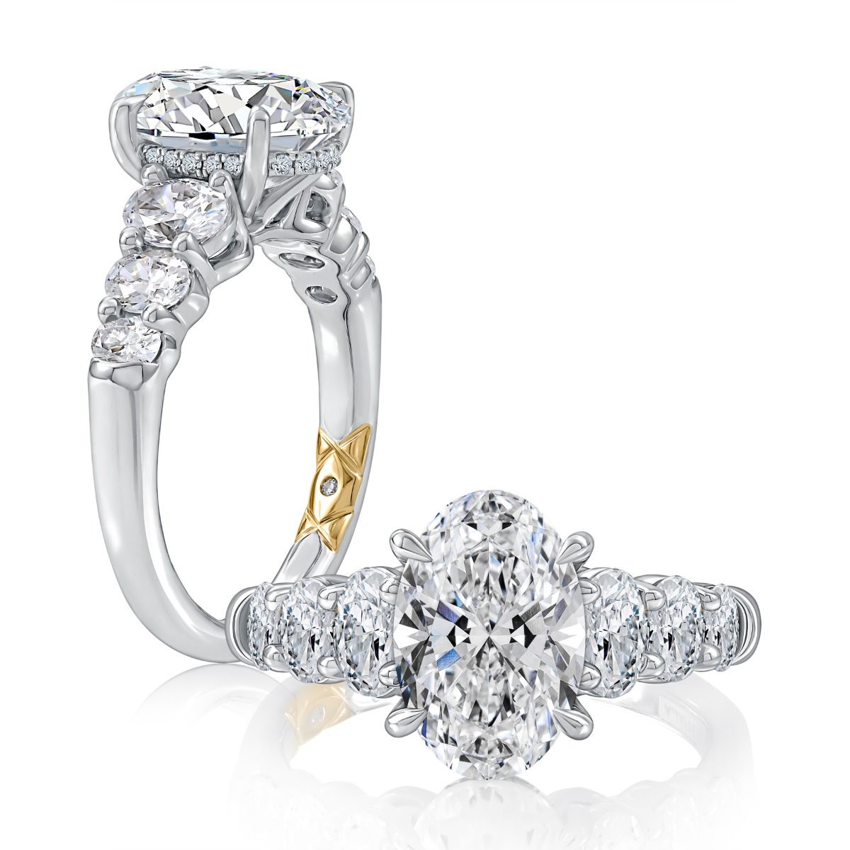 Classic Four Prong Oval Center Diamond Engagement Ring with Oval Shaped Side Stones