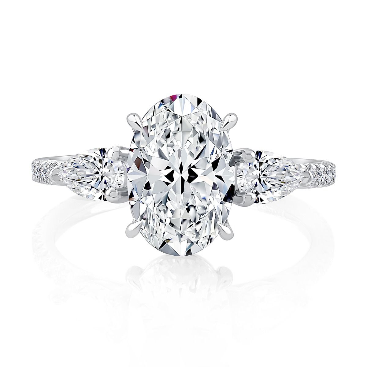 Three Stone Oval Cut Diamond Engagement Ring With East West Pear Diamonds And Diamond Pave Band, photograph 5