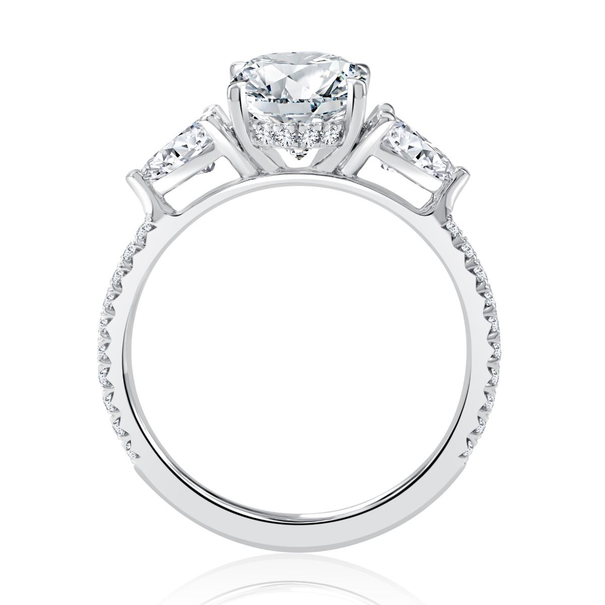 Three Stone Oval Cut Diamond Engagement Ring With East West Pear Diamonds And Diamond Pave Band, photograph 6