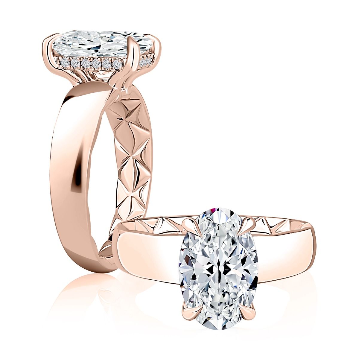 Modern Wide Solitaire Oval Diamond Engagement Ring with Quilts® Interior and Hidden Halo, photograph 6