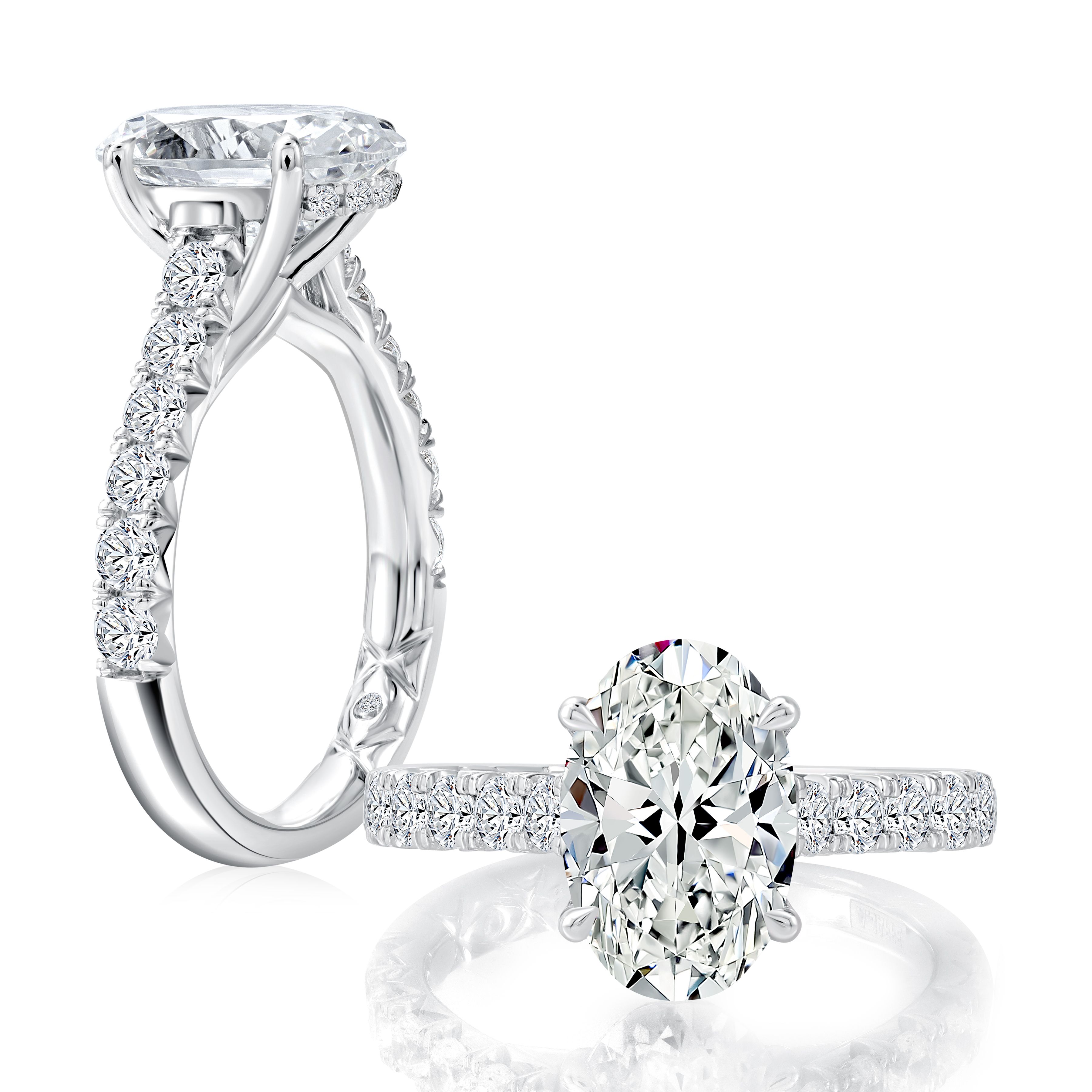 Four Prongs Oval Center Diamond Enagagement Ring with Diamond Gallery Rail and Halfway Pave Band