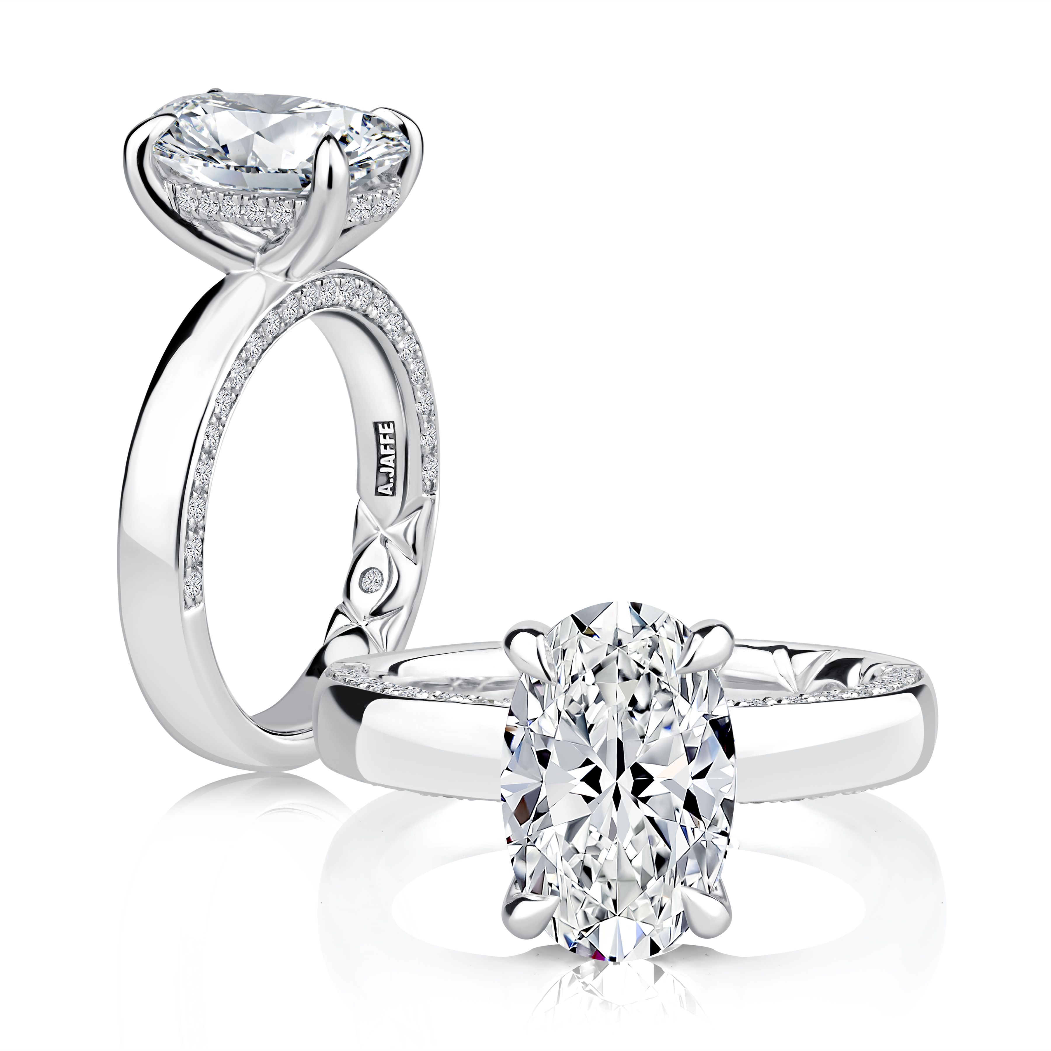 Claw Prongs Oval Center Diamond Engagement Ring with Diamond Lined Band and Quilts® Interior