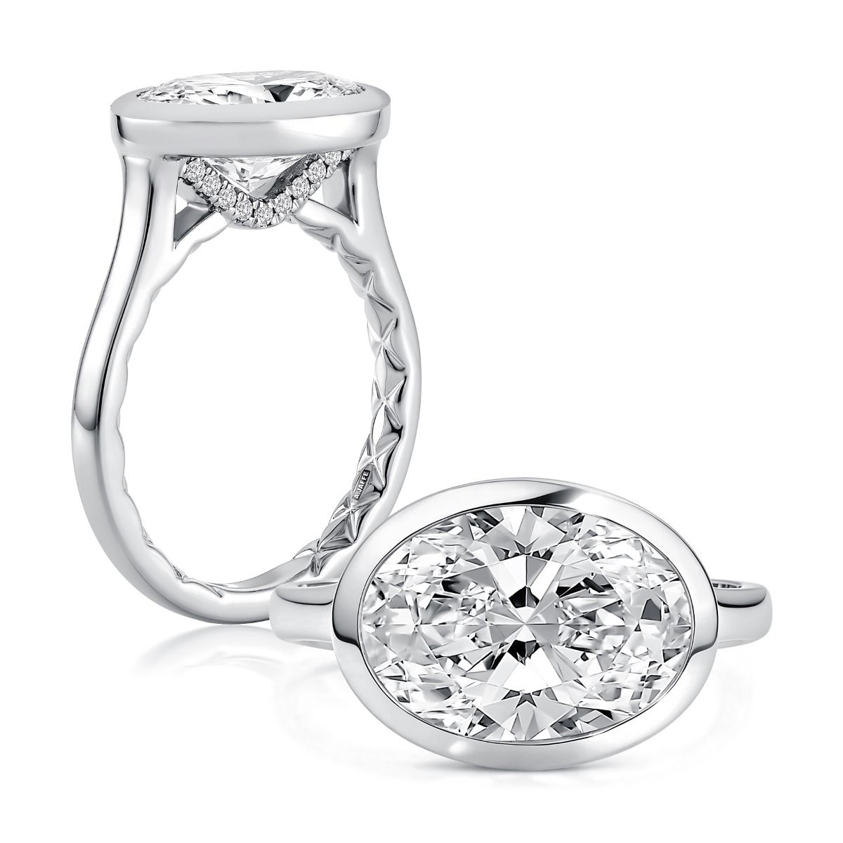 East West Oval Bezel Engagement Ring with Quilts® Interior