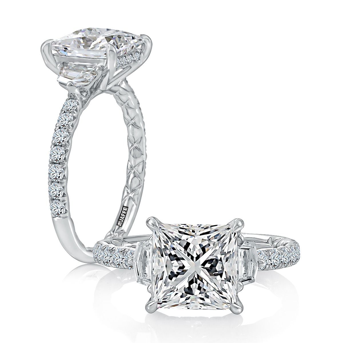 Three-Stone Princess Diamond Engagement Ring with Pave Band and Quilts® Interior