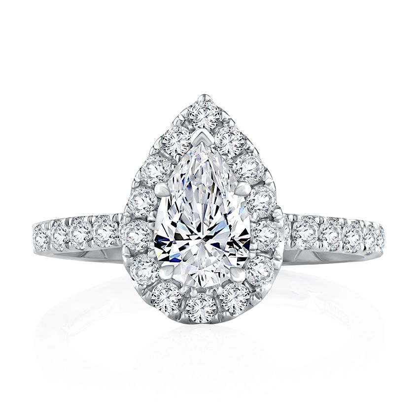 Diamond pear center engagement ring with diamond halo and diamonds down band, photograph 3
