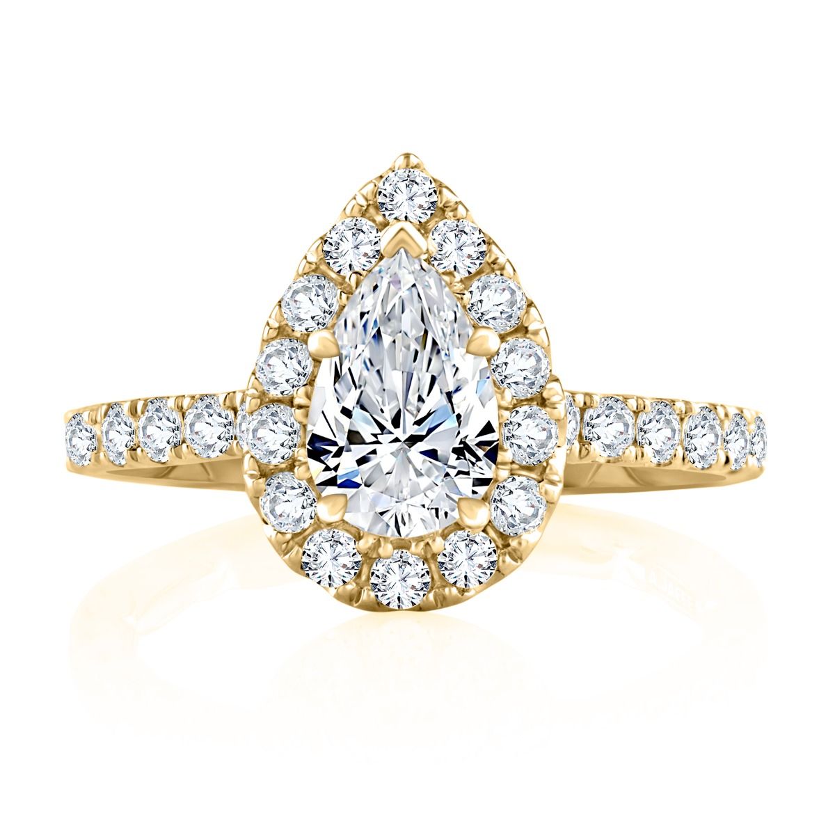 Diamond pear center engagement ring with diamond halo and diamonds down band, photograph 5