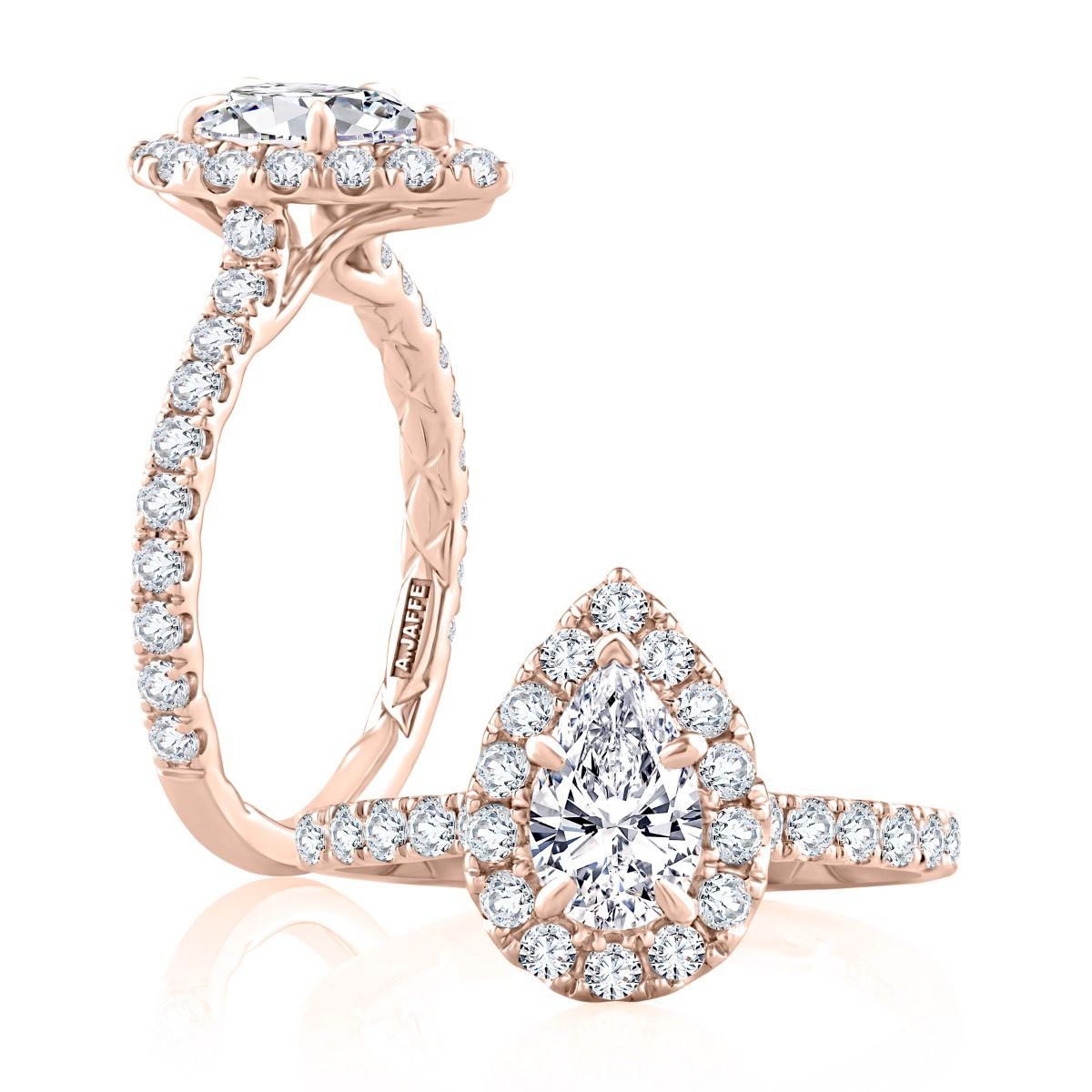 Diamond pear center engagement ring with diamond halo and diamonds down band, photograph 7