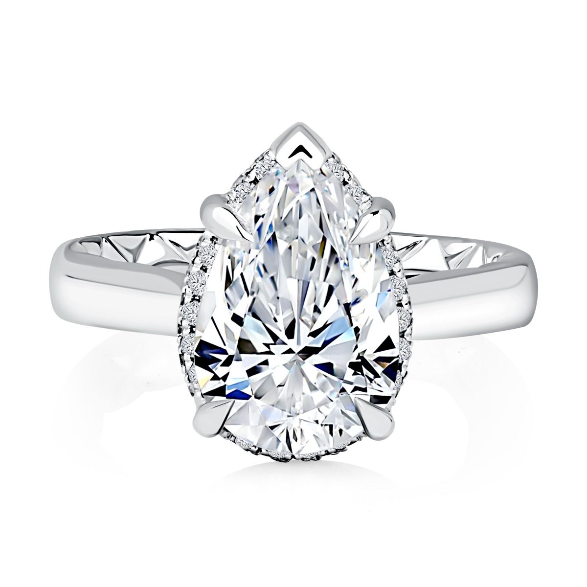 Four Prong Pear Diamond Engagement Ring with Hidden Halo and Quilts® Interior, photograph 3