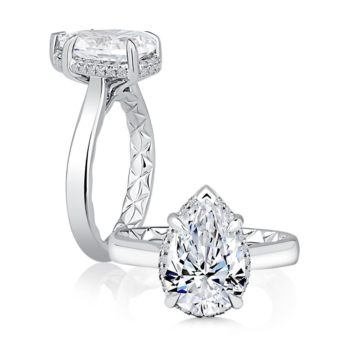 Four Prong Pear Diamond Engagement Ring with Hidden Halo and Quilts® Interior, photograph 4