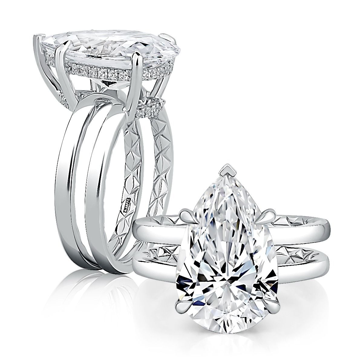 Double Band Pear Shaped Diamond Engagement Ring with Hidden Halo and Quilts® Interior