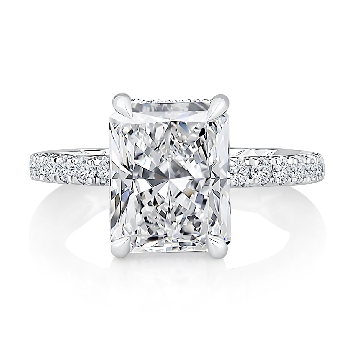 Four Claw Prongs Hidden Halo Radiant Center Diamond Engagement Ring with Diamond Pave Quilts® Band, photograph 2