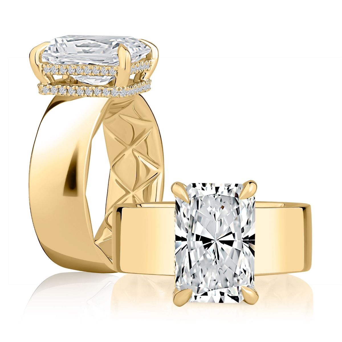 Modern Wide Band Radiant Cut Diamond Engagement Ring with Double Hidden Halo and Quilts® Interior