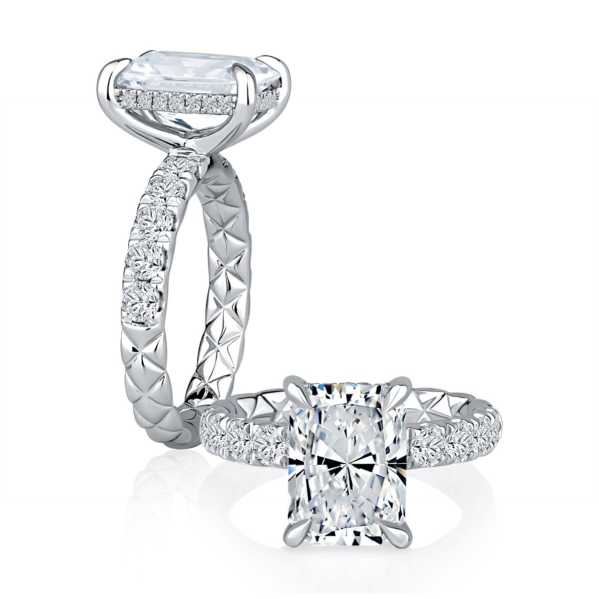 Modern Radiant 4CT Center Diamond Engagement Ring with Pave Diamond Band and Quilts® Interior