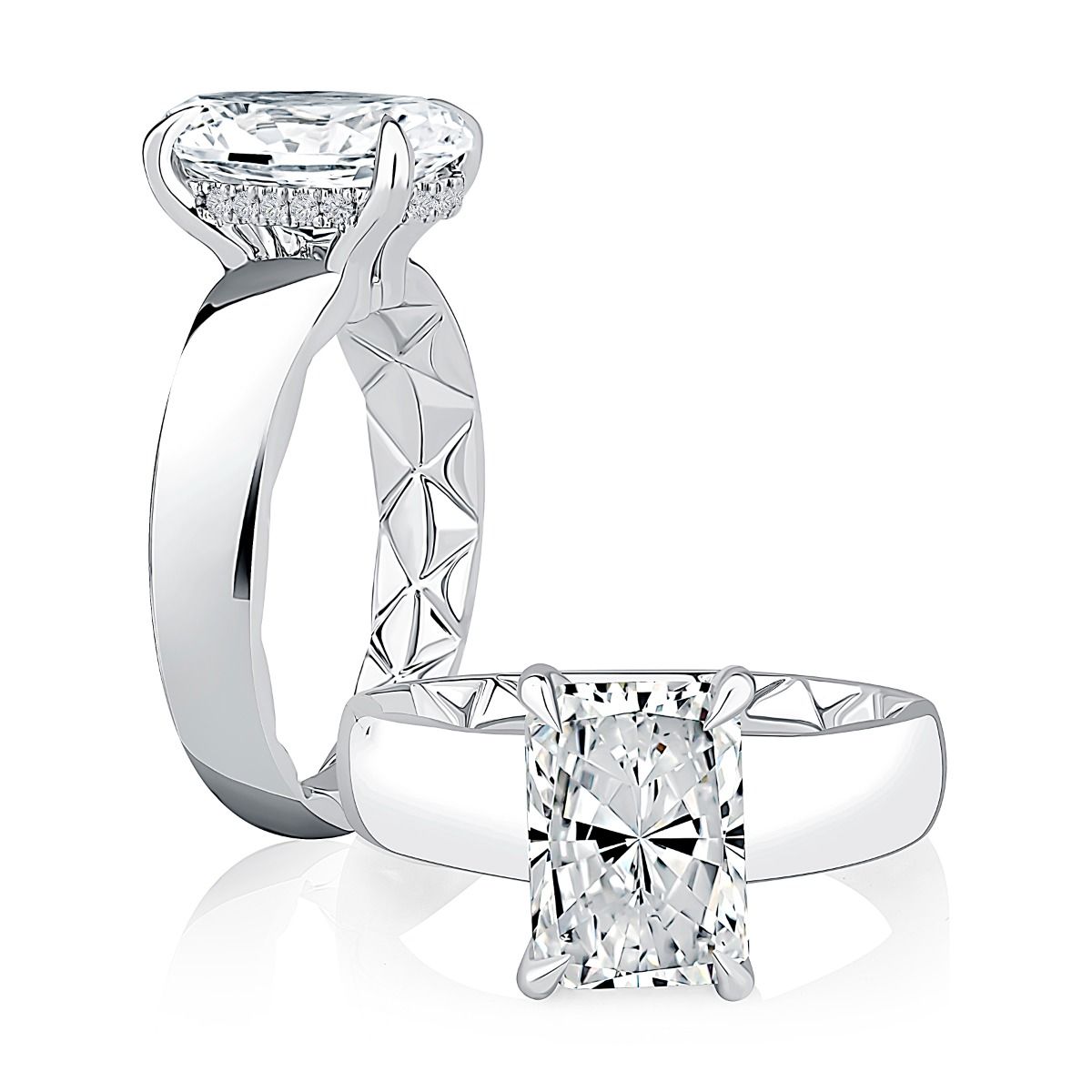 Four Prong Radiant Diamond Engagement Ring with Hidden Halo and Quilts® Interior, photograph 3