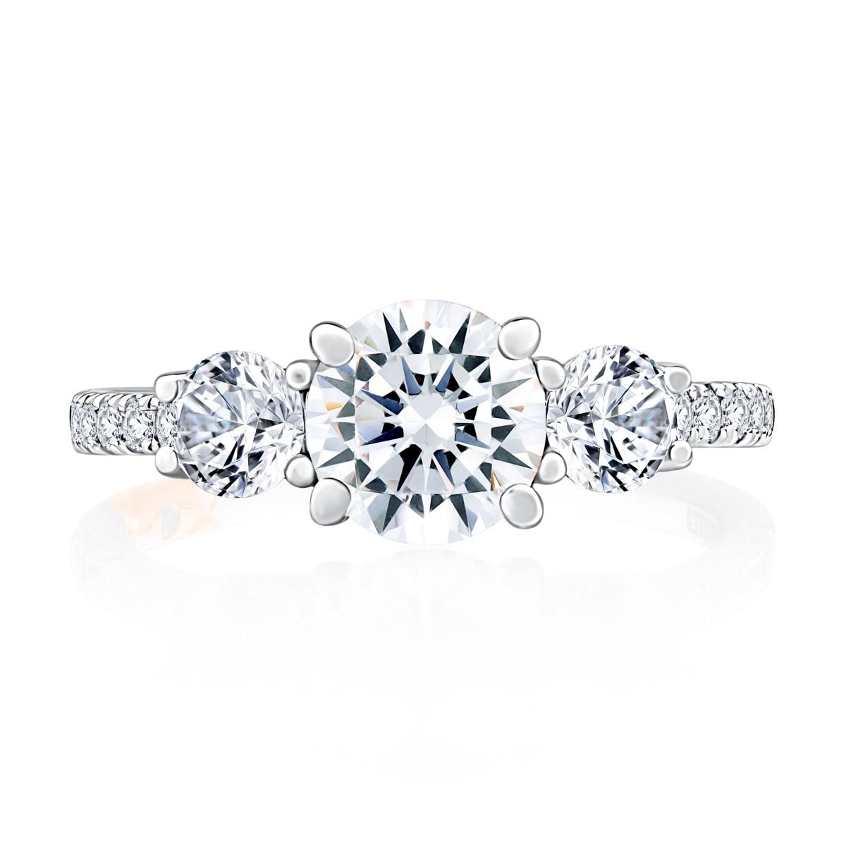 Three Stone Trellis Diamond Engagement Ring with Pave Diamond Band, photograph 2