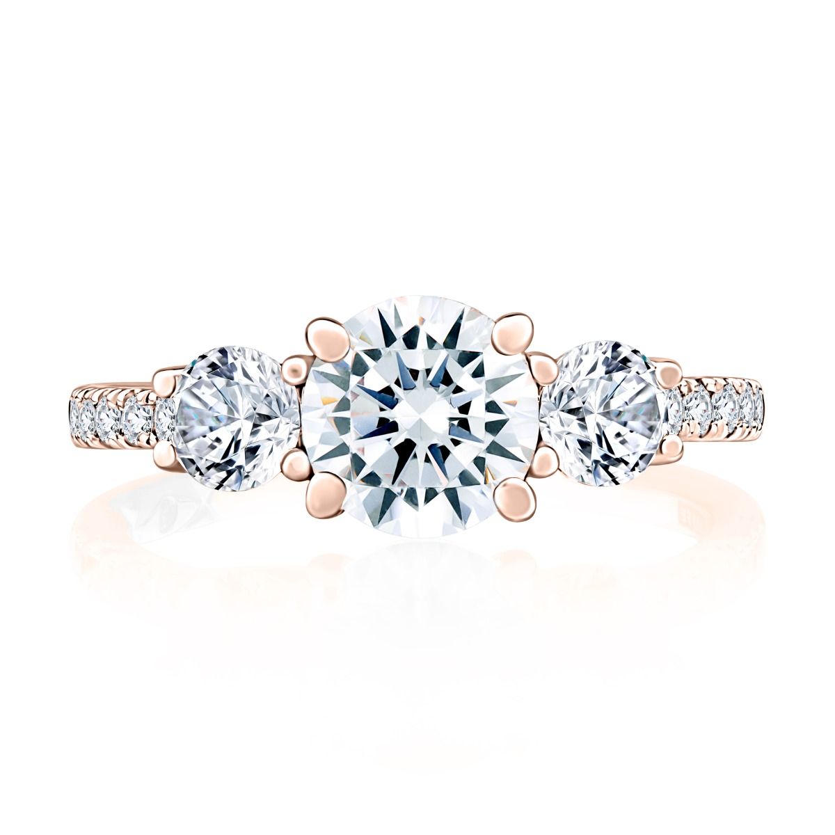 Three Stone Trellis Diamond Engagement Ring with Pave Diamond Band, photograph 8