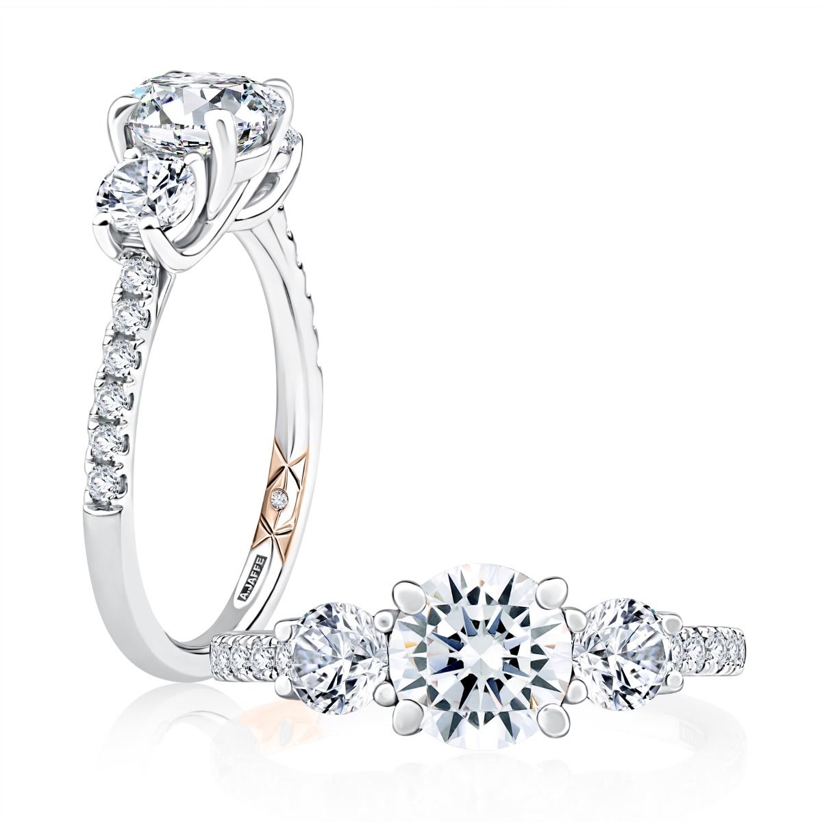 Three Stone Trellis Diamond Engagement Ring with Pave Diamond Band