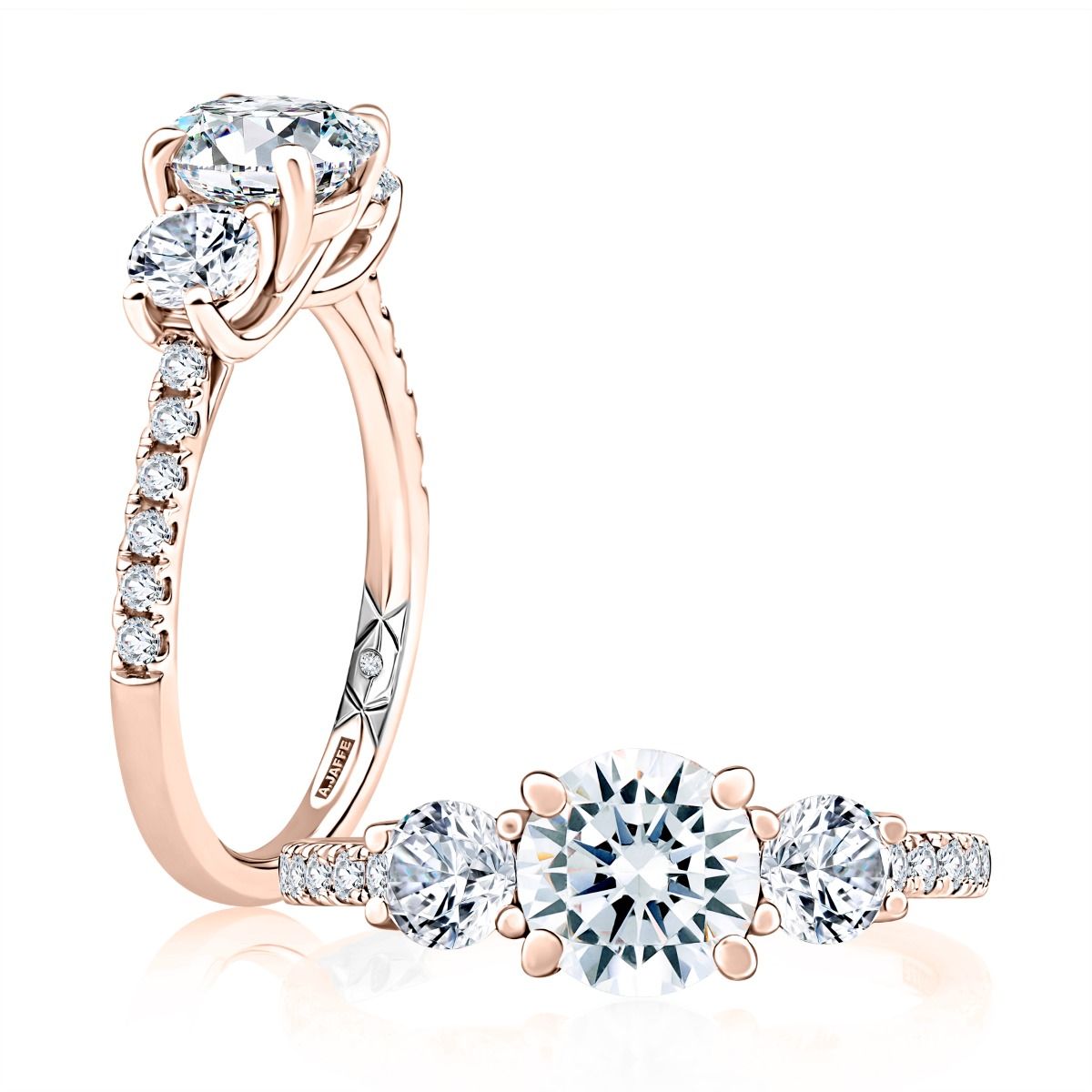 Three Stone Trellis Diamond Engagement Ring with Pave Diamond Band, photograph 7