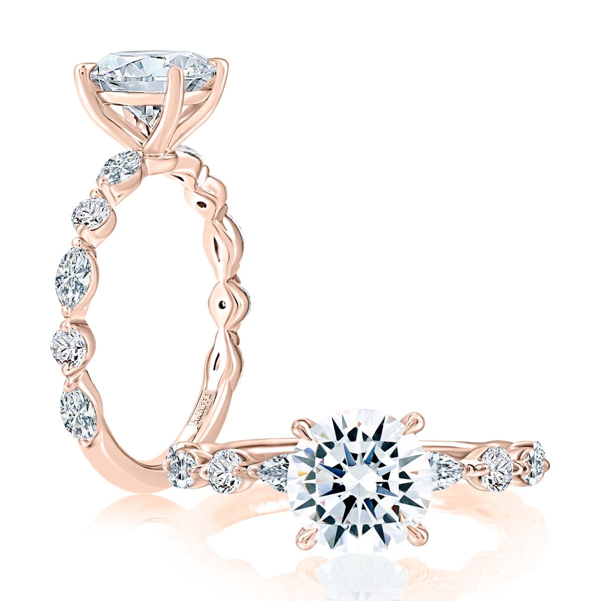 Classic Round Center Stone Diamond Engagment Ring with Alternating Shape Stones Band