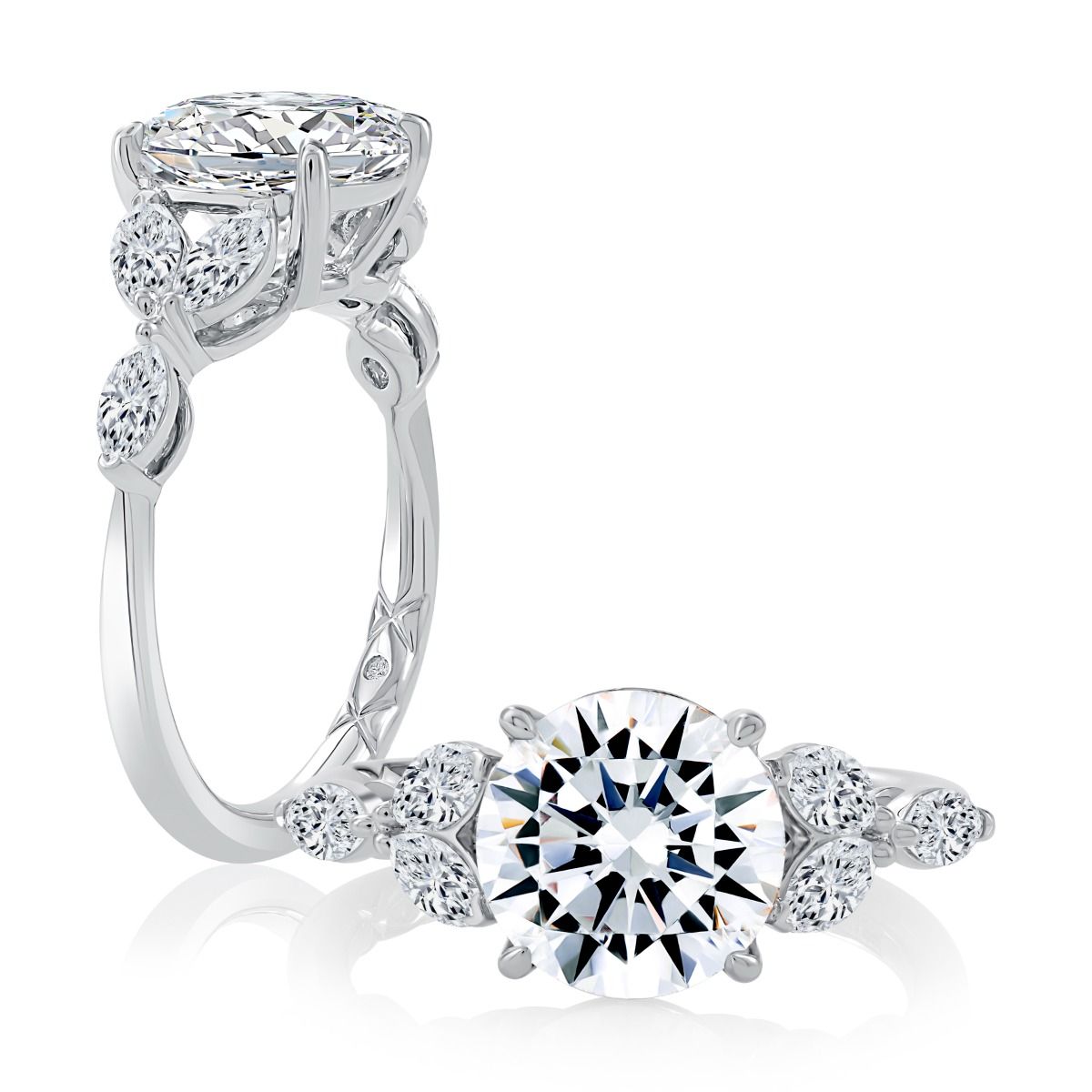 Round Diamond Floral Engagement Ring with Marquise Accents