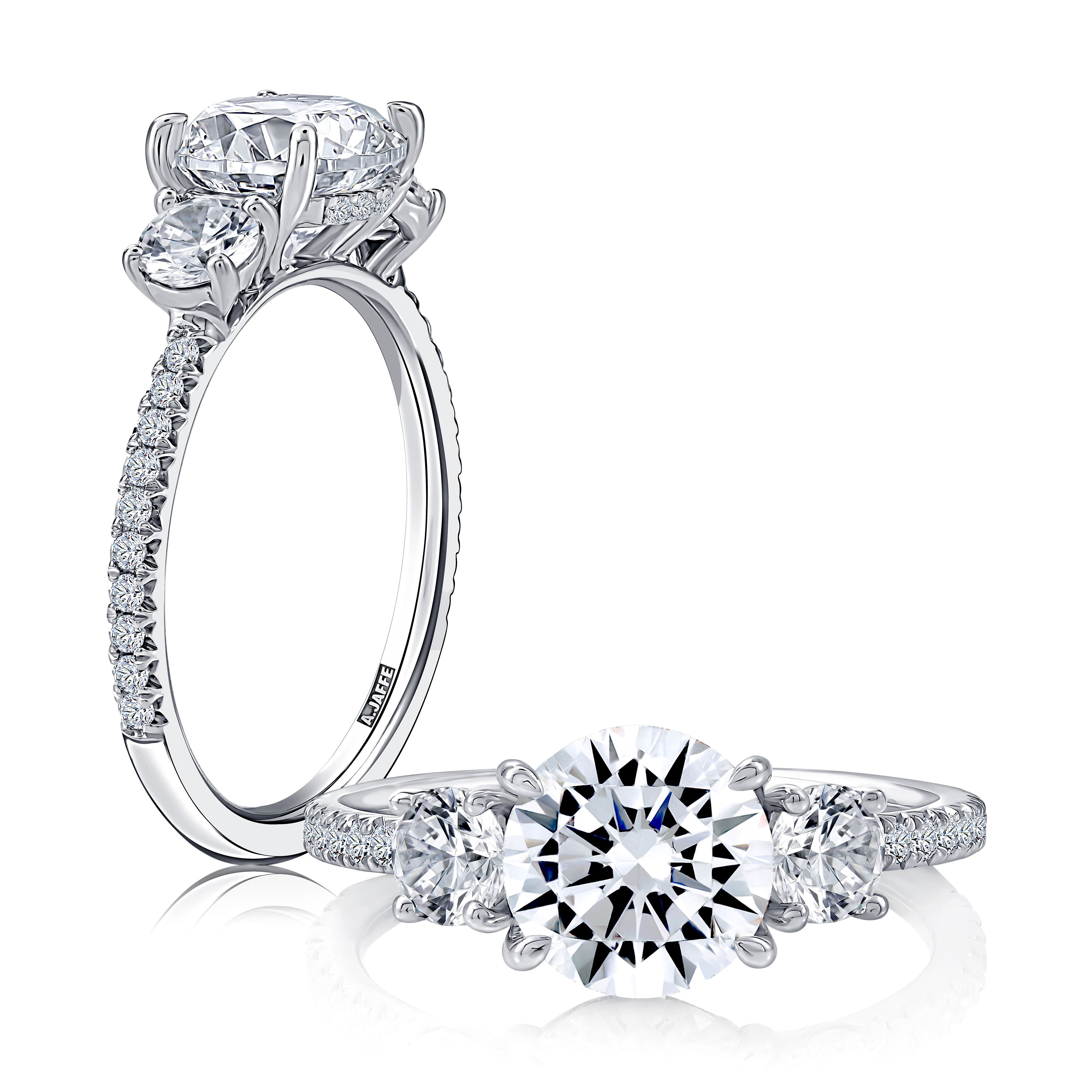 Three Stone Round Center Diamond Engagement Ring With East West Side Stones And Pave Band