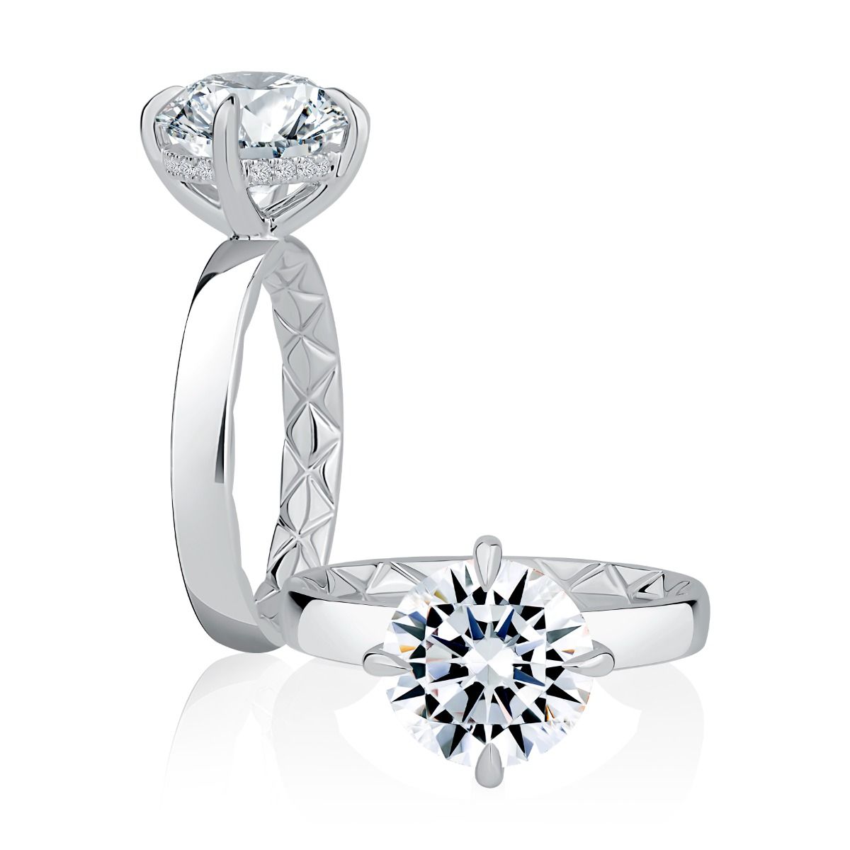 Four Prong Round Diamond Engagement Ring with Quilts® Interior and Hidden Halo